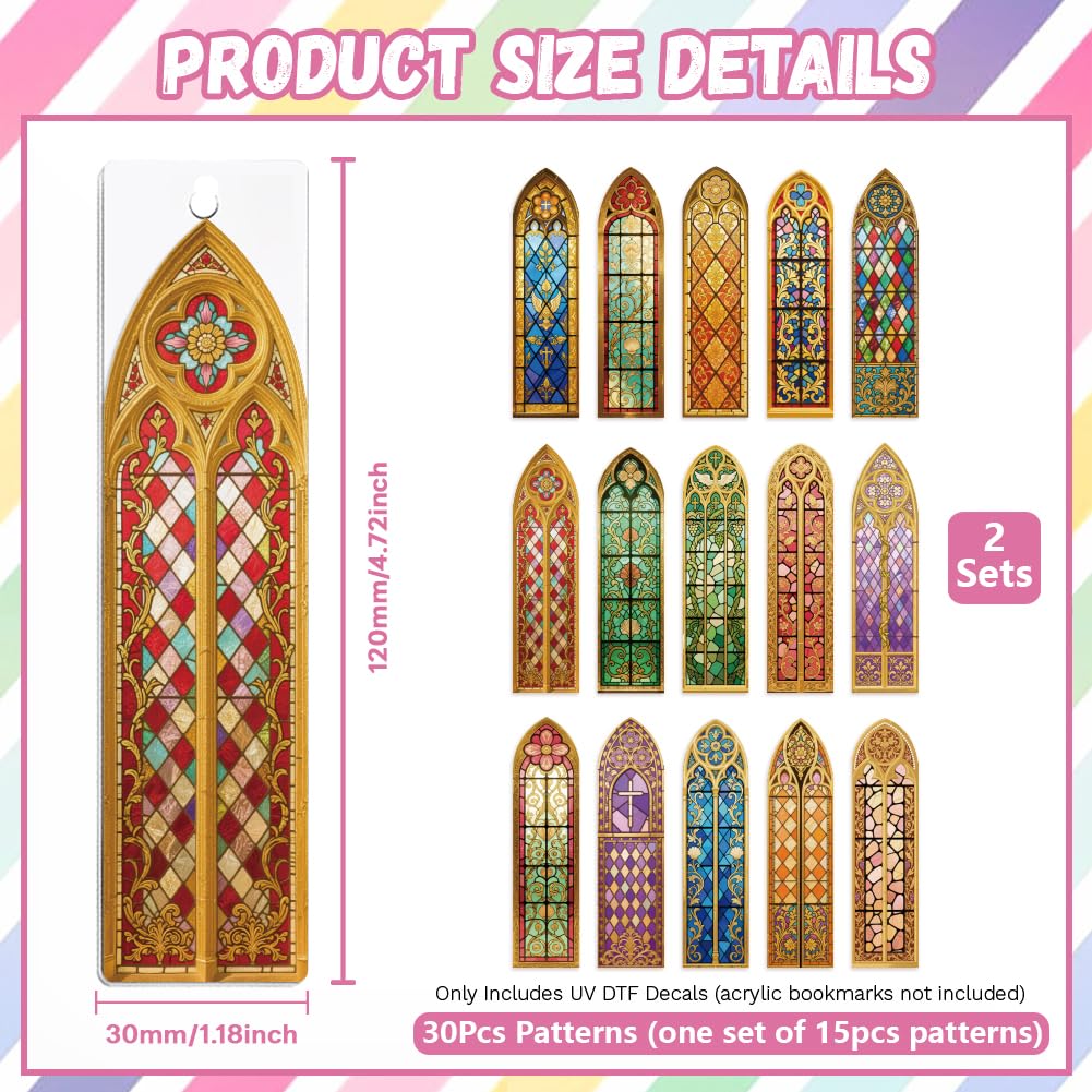 Peacoblue 30pcs UV DTF Bookmarks Transfer Stickers Wraps Baroque Church Stained Glass for Women Men Reading, Waterproof Bookmarkers Decal(No Blank Bookmarks) for Acrylic Plastic Metal Blank Bookmark