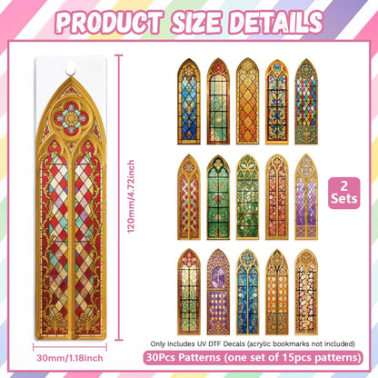 Peacoblue 30pcs UV DTF Bookmarks Transfer Stickers Wraps Baroque Church Stained Glass for Women Men Reading, Waterproof Bookmarkers Decal(No Blank Bookmarks) for Acrylic Plastic Metal Blank Bookmark
