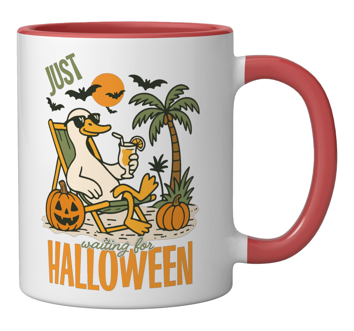 Funny Summerween Goose Beach Just Waiting For Halloween Duck Ceramic Mug, Red/White