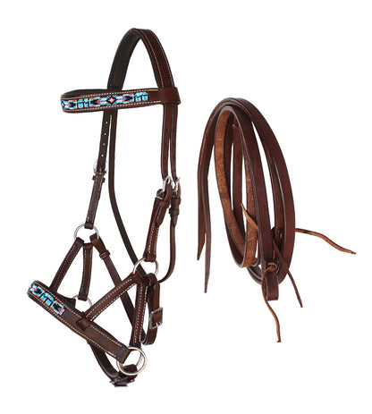 CHALLENGER Horse Western Brown Leather Beaded Bitless Padded Sidepull Bridle Reins 77RS14BR