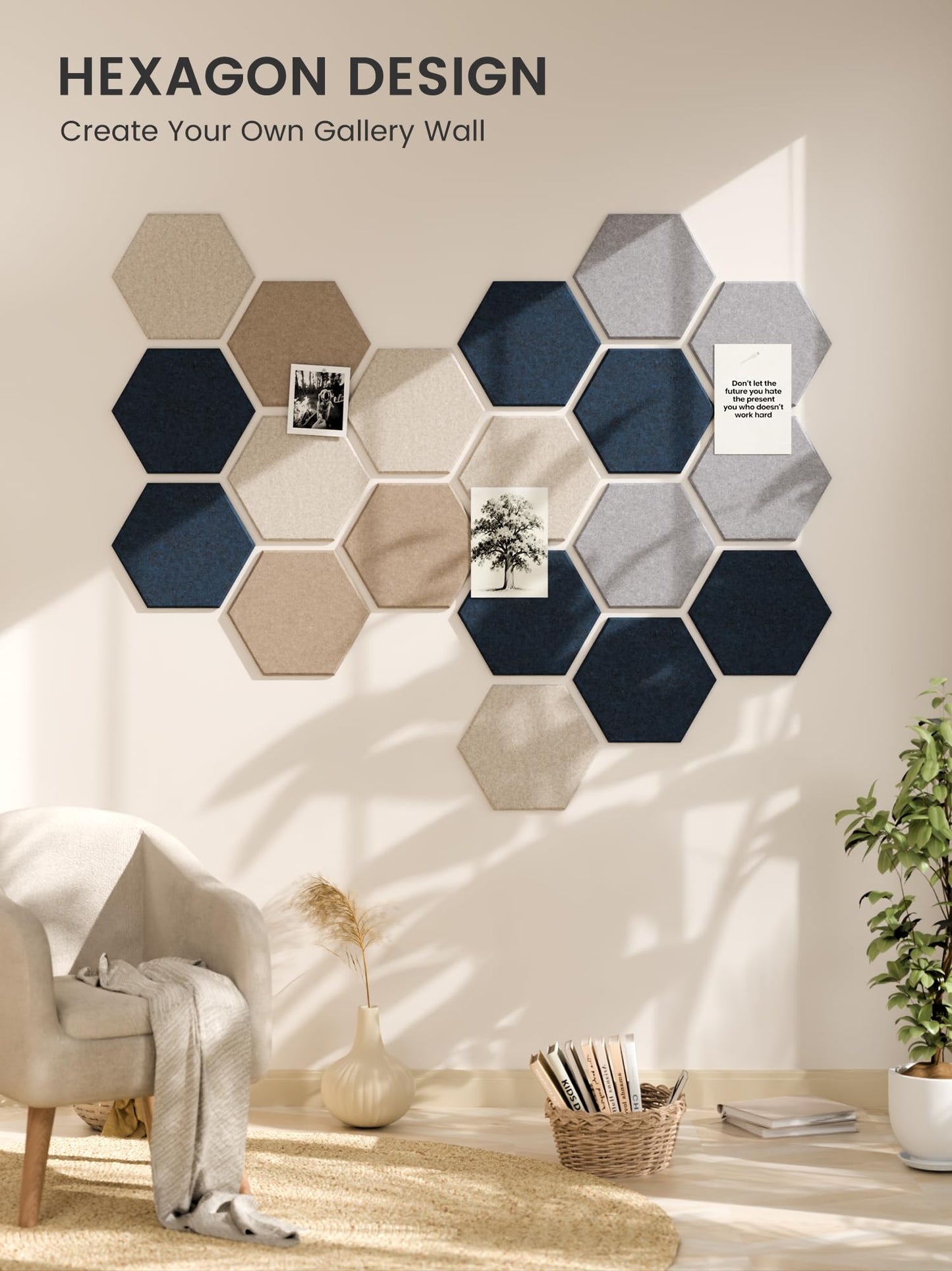 Fluxynara Hexagon Cork Board Alternative for Walls Decor-10-Pack Felt Bulletin Board Tiles,with 30 Pushpins,50 Adhesive Tabs for Office,Classrooms & Home Pin Board Felt Board-Nordic Slate