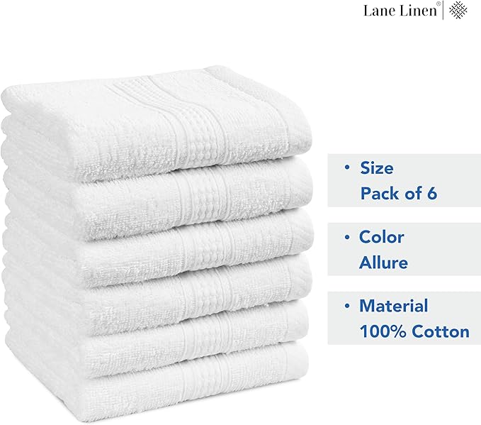 LANE LINEN 6 PC Wash Cloths Bathroom Set -100% Cotton Highly Absorbent