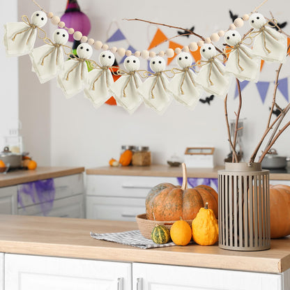 Capoda 4 Pcs Primitive Ghost Decorations Kit Halloween Ghost on Wooden Stand Table Centerpieces 6.5ft Primitive Halloween Rustic Garland with Wooden Beads for Mantel Wall Home Indoor Outdoor Decor