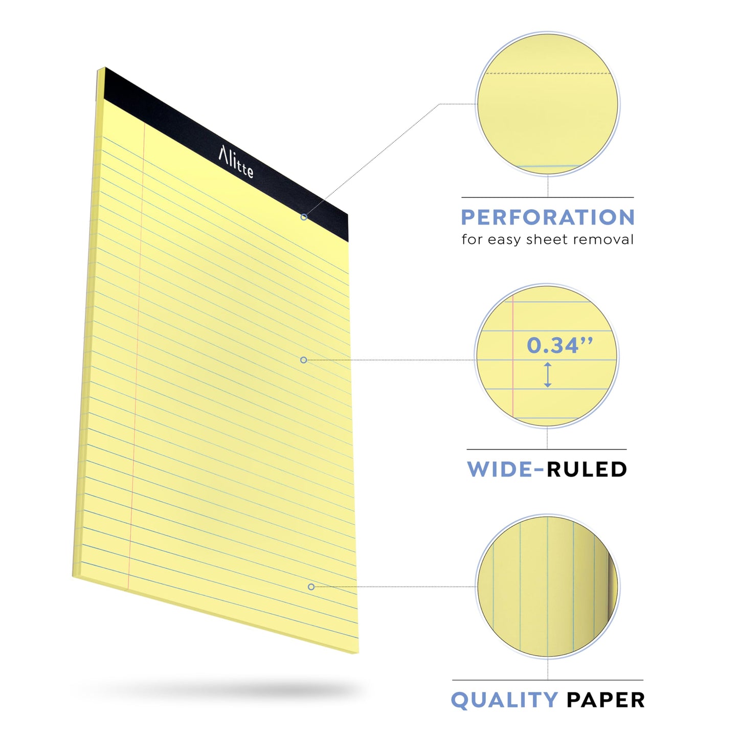 Alitte Yellow Legal Notepads 8.5 x 11, Pack of 3 - Perforated Wide Ruled Writing Pad - Premium Thick Paper, No Ink Bleeding - Blank Legal Pads For Home, Office, School, Business - 50 Sheets Per