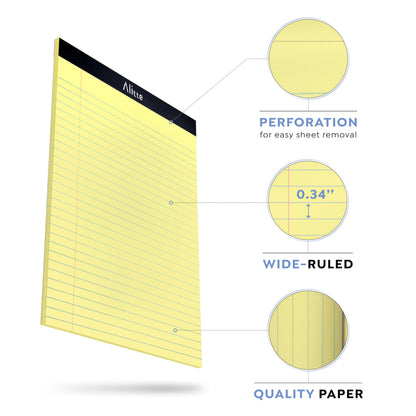 Alitte Yellow Legal Notepads 8.5 x 11, Pack of 3 - Perforated Wide Ruled Writing Pad - Premium Thick Paper, No Ink Bleeding - Blank Legal Pads For Home, Office, School, Business - 50 Sheets Per