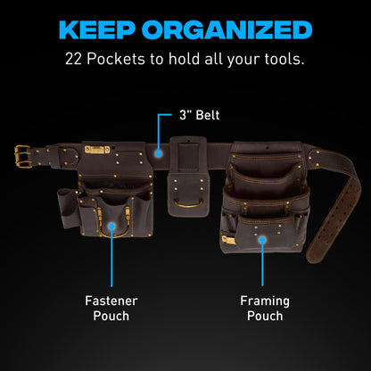 Ox Pro Drywall Tool Belt - 22-Pocket Leather Tool Belt Pouches - Made of Oil-Tanned Leather with Double-Stitching and Steel Rivets - OX-P263804