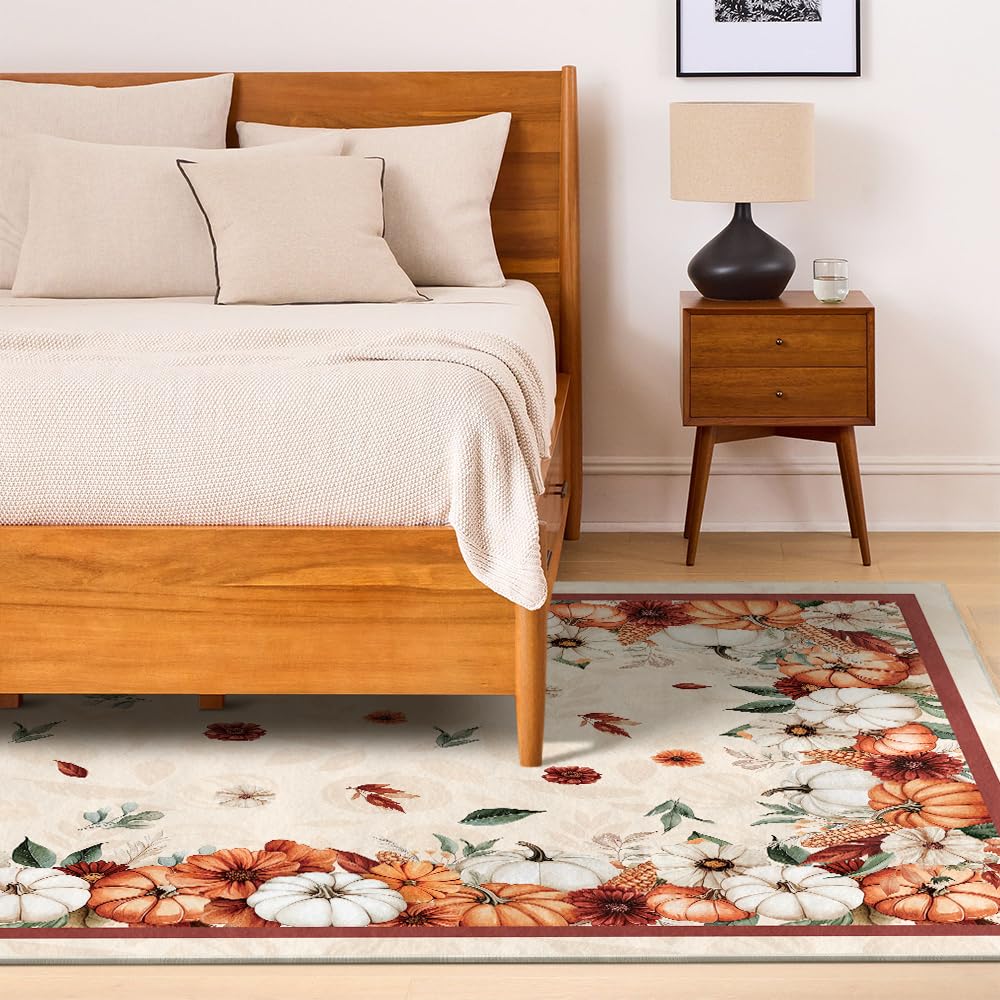 Artoid Mode Pumpkins Floral Corns Fall Area Rug, Autumn Thanksgiving Home Decor Non Slip Washable Area Rug for Entryway Bedroom Living Room Laundry Room Indoor 5x7 Feet
