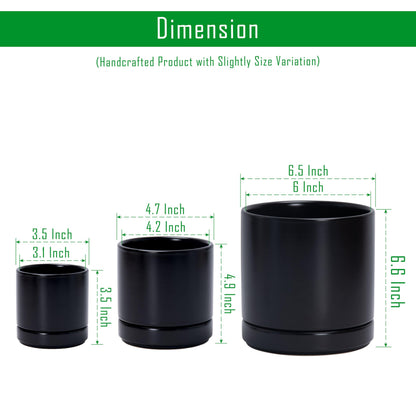 D'vine Dev 3 Inch & 4 Inch & 6 Inch, Set of 3 Round Ceramic Planter Pot with Drainage Hole and Saucer, Black, 94-T-S-2