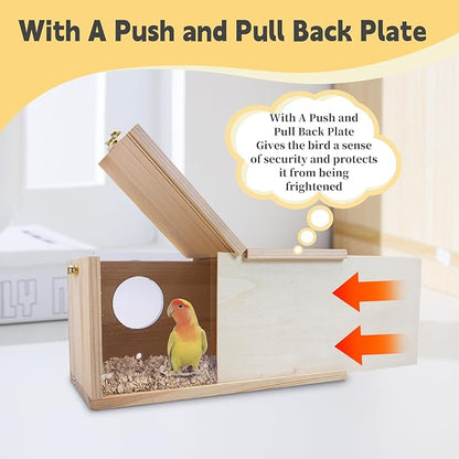 PINVNBY Parakeet Nesting Box, Detachable Board Acrylic Bird House for Cage with Coconut Fiber, Natural Wood Breeding Box for Cockatiel Budgie Lovebirds Conure Finch Parrot (M: 9.8 * 5.3 * 5.3 inch)