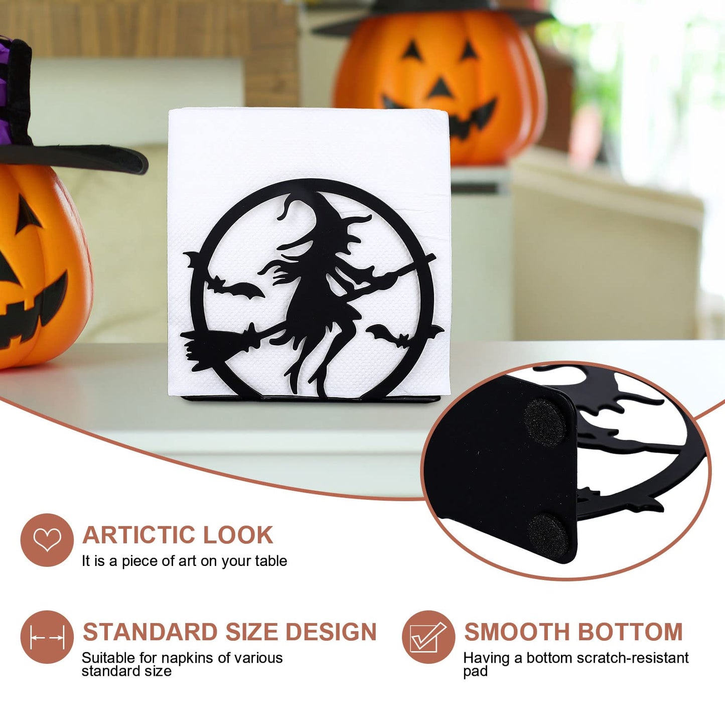 Whaline Halloween Napkin Holder Matte Black Metal Hocus Pocus Design Freestanding Tissue Dispenser Vertical Tabletop Napkin Holder for Square Paper Napkin Dinner Home Kitchen Restaurant Picnic Party