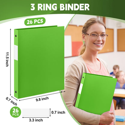 Henoyso 26 Pack 0.5 Inch Plastic 3 Ring Binder Round Ring, Bulk 1/2 Inch Flexible Binders Hold 140 Sheets Letter Size with Pocket, Document Organizer for Back to School Classroom Office (Tender Green)
