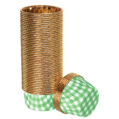 HARFINGTON Gold Green Plaid Cupcake Cups, 50pcs Aluminum Foil 3.5oz Standard Cupcake Liners Cupcake Baking Cups for Birthday Party Supplies Weddings Decorations
