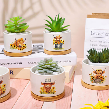 FYSUIMU 6Pcs Highland Cow Decor Gift Planter Rustic Cow Sunflower Ceramic Succulent Pots Animal Plant with Tray Appreciation Gift for Farmhouse Home Office Kitchen Bathroom, No Plants