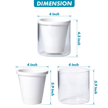 D'vine Dev 4 Inch Design Self Watering Planter for Indoor Plants, White Terracotta Pots with Cylinder Glass Cup, Set of 2, 37-Y-A-2