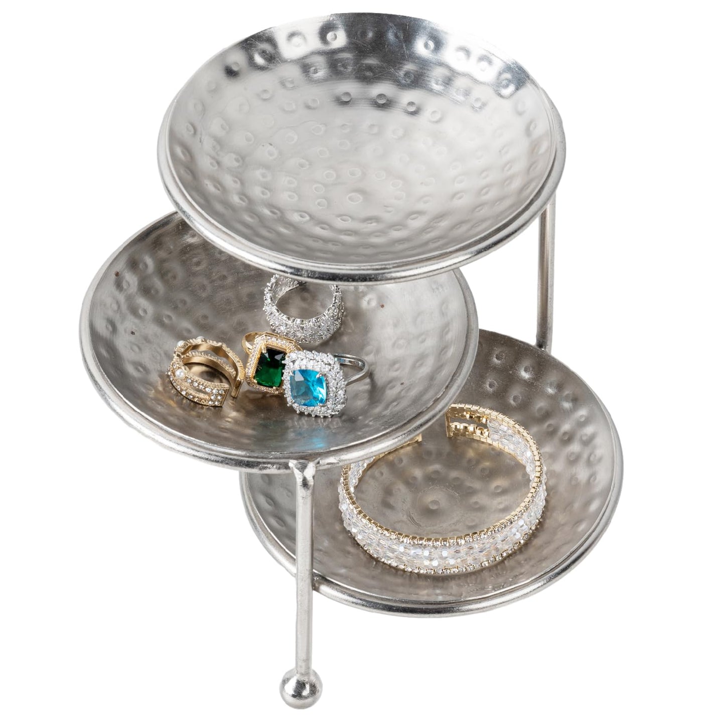 MyGift 3 Tier Jewelry Dish Organizer, 4 Inch Hammered Silver Metal Dishes and Stand, Decorative Ring Tray Jewelry Holder Display Tower for Earrings Necklace Bracelet - Handcrafted in India