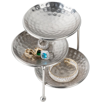 MyGift 3 Tier Jewelry Dish Organizer, 4 Inch Hammered Silver Metal Dishes and Stand, Decorative Ring Tray Jewelry Holder Display Tower for Earrings Necklace Bracelet - Handcrafted in India