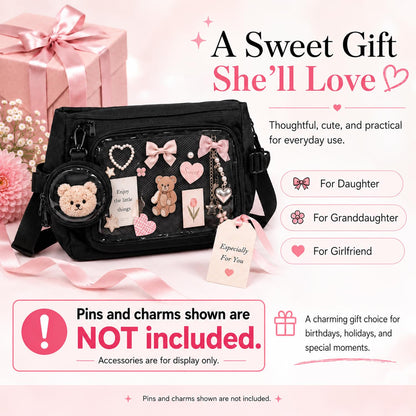 Inshere Ita Crossbody Bag, Nylon Messenger Bag with Clear Display Window and Detachable Pin Display Bag, Kawaii Shoulder Purse with Multiple Pockets, Black