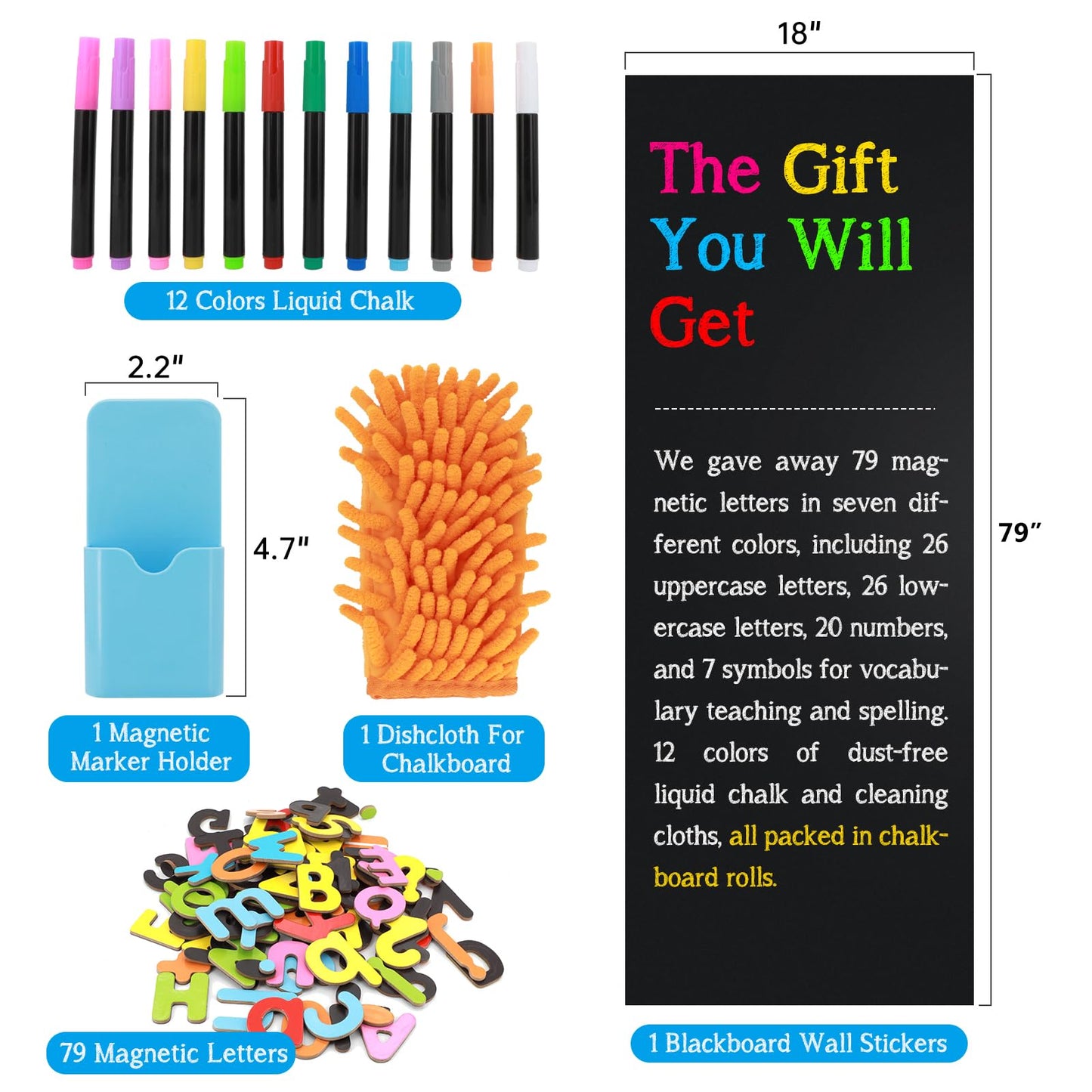 Ykall Magnetic Chalkboard Contact Paper for Wall, 79"x18" Self-Adhesive Blackboard Wallpaper Peel and Stick Wall with 93 Pcs Kit for Kids, Magnet Wall Sheet with Kit for Home Playroom