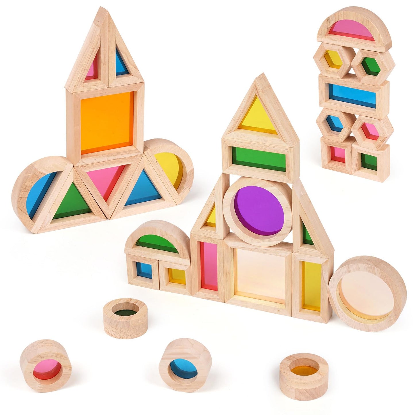 Agirlgle Wooden Rainbow Building Blocks for Kids 32 Pcs Rainbow Stacker Stacking Blocks Game Colorful Construction Toys Preschool Learning Educational Toys -Geometry Wooden Blocks for Boys & Girls
