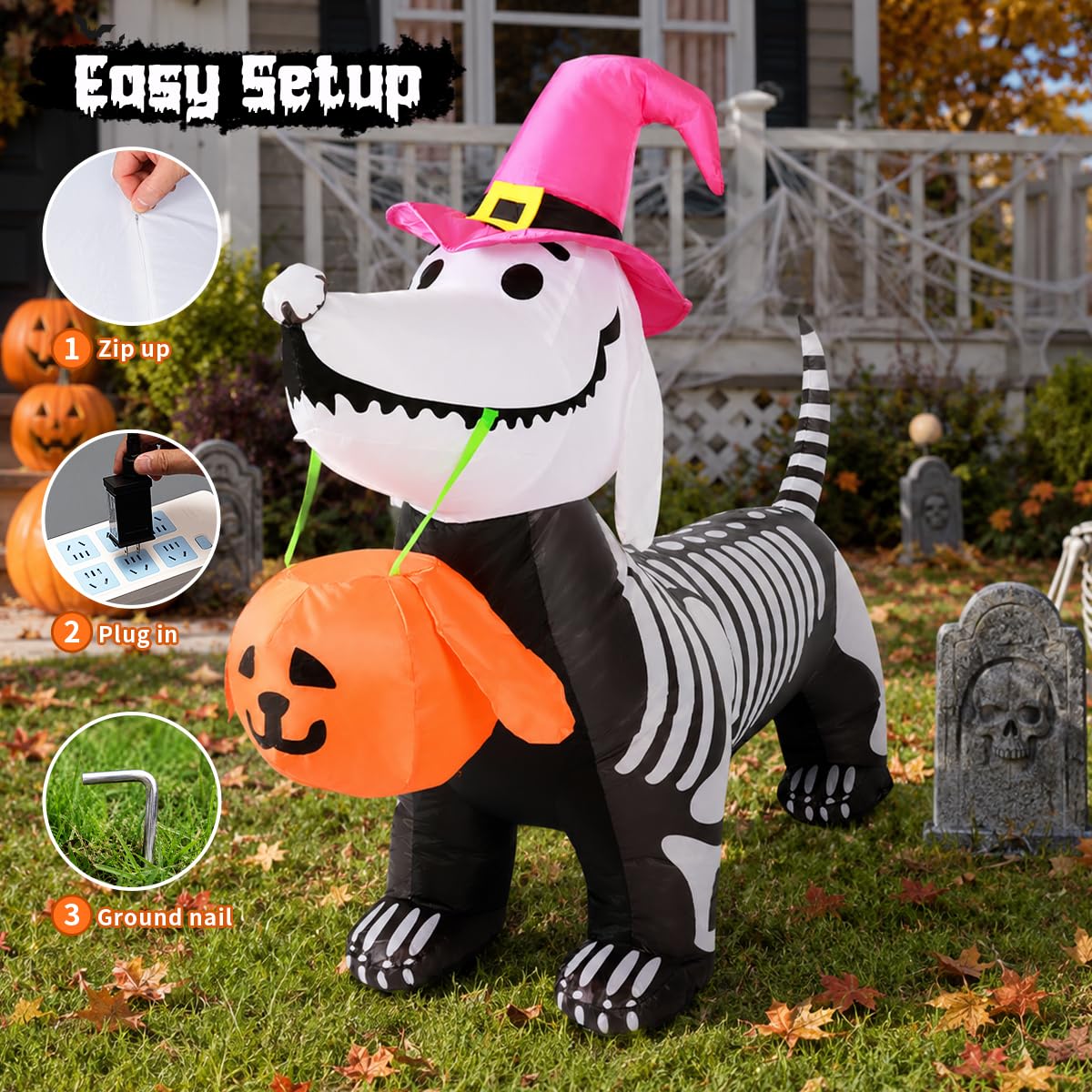 GOOSH 5.5 FT Halloween Inflatables Outdoor Decorations Skeleton Puppy Inflatable Yard Decoration with Build-in LEDs Blow Up Pumpkin for Halloween Party Indoor Outdoor Yard Garden