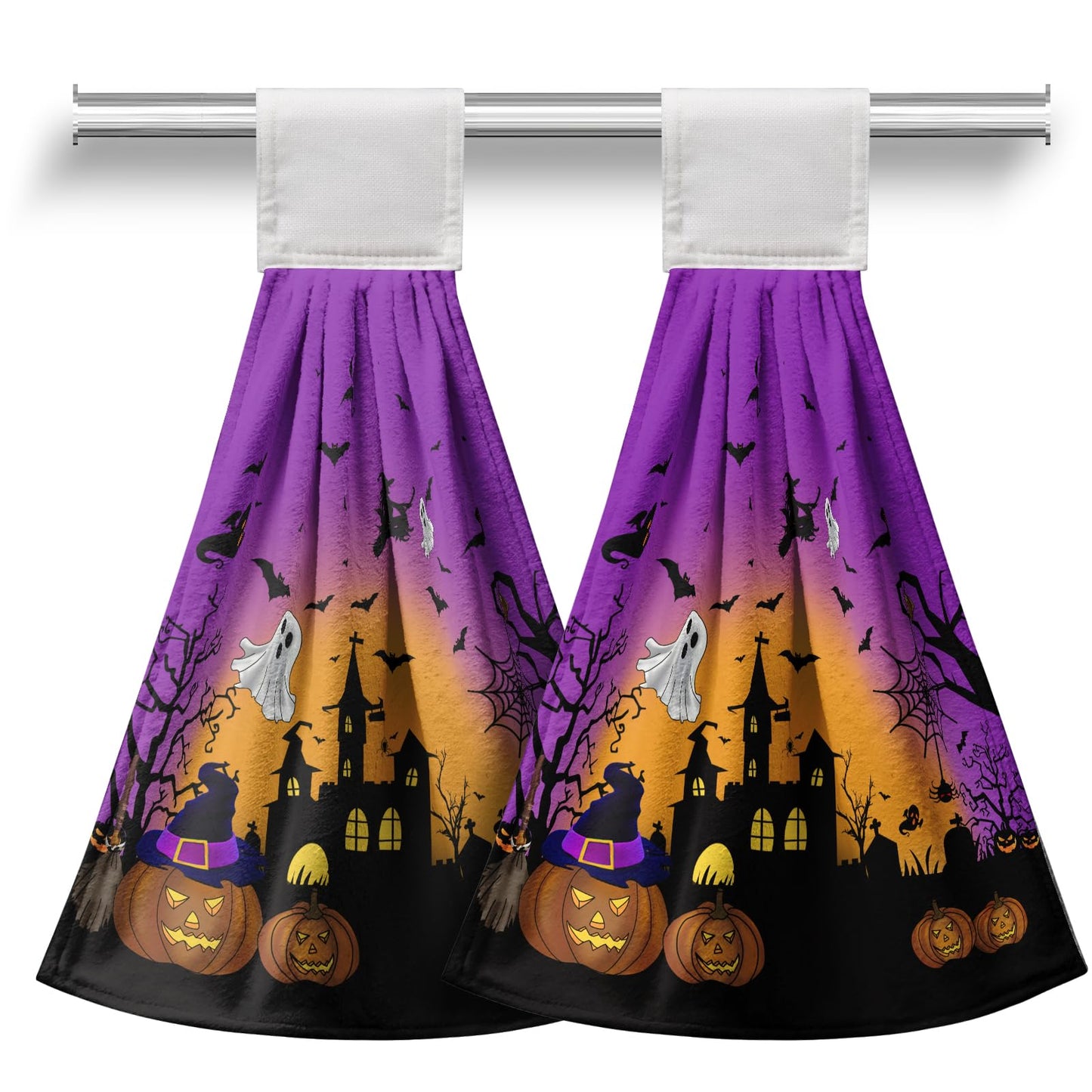 Cneztholim Halloween Pumpkin Hanging Kitchen Towels 2 Pcs Spooky Ghost Bat Hand Tie Towels Scary Night Dish Towel with Hanging Loop Soft Absorbent Washcloth for Bathroom Bathroom Home Decor