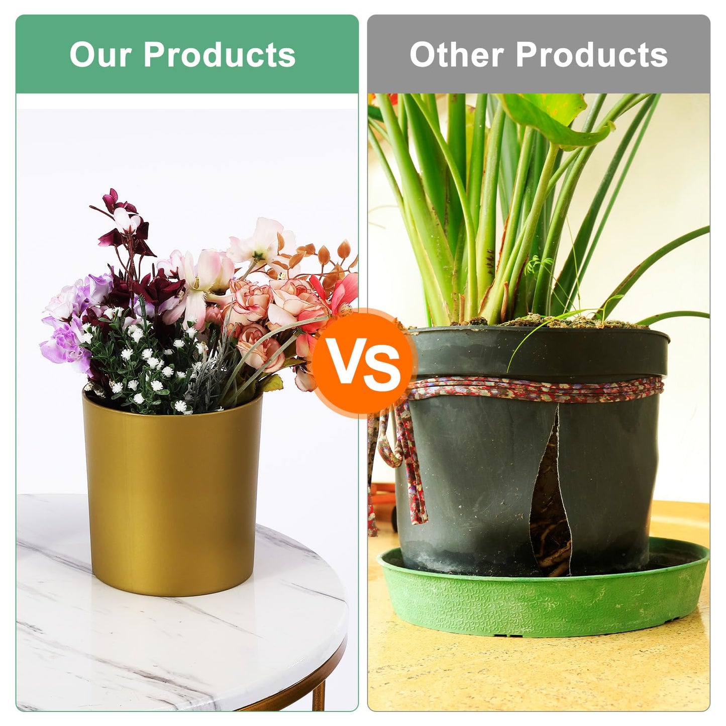 M METERXITY 2-Pack Plastic Plant Pots, 6 Inch Plastic Planters Round Flower Planter Containers Flower Pots for Indoor/Outdoor/Garden, Plant Holder [Gold Tone]