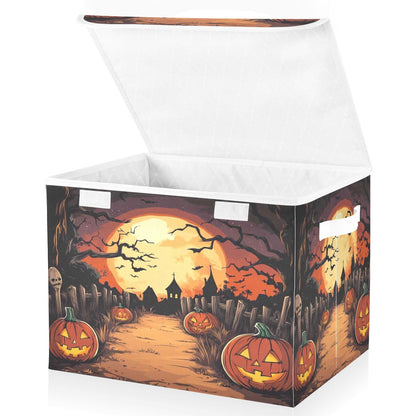 Bolaz Storage Bins with Lids and Handles,Halloween Night Pumpkin Skull Storage Box Storage Basket with Cover Collapsible Organizer Containers for Home Closet, Shelves