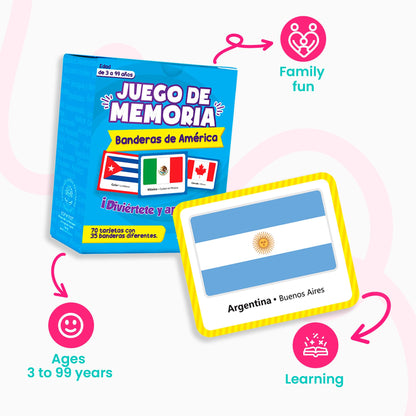 Menique Flags of the Americas Memory Matching Game – Spanish Edition – 70 Cards (35 Pairs) with Flags, Countries & Capitals – Educational Matching Game in Spanish for Kids and Adults