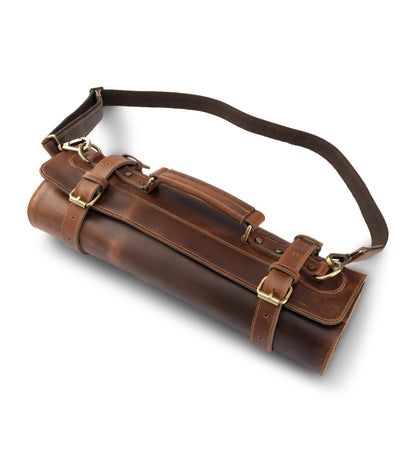 Angus Stoke premium leather knife roll storage bag XXL - 14 pockets, buffalo leather with shoulder strap, chef's knife bag case Rene (Walnut-Brown)