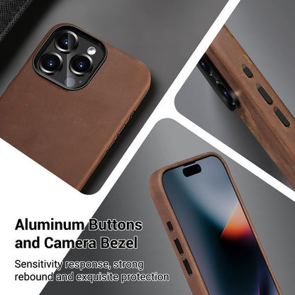 Belemay Compatible with iPhone 15 Pro Leather Case Magsafe - Top Grain Vintage Crazy Horse Leather - Metal Buttons & Camera Bezel Bump - Slim Fit & Soft - Premium Phone Cover (6.1-inch) Retro Brown