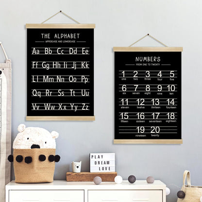 Alphabet and Numbers Wall Chart Set of 2,Toddlers Educational Canvas Print Posters,Alphabet and 1-20 Number Learning Banners for Toddlers, Preschool Classroom, Nursery, Playroom,Kids Room Decor14 x 18.5 In(Black and white)