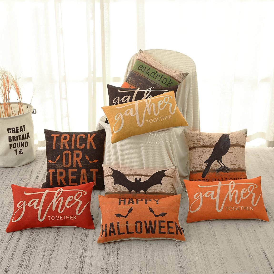 TRENDIN Vintage Halloween Pillow Cover, 18x18 inch Farmhouse Orange and Black Crow Square Throw Pillowcase Home Chair Office Linen Cushion Cover for Sofa Couch PL726TR