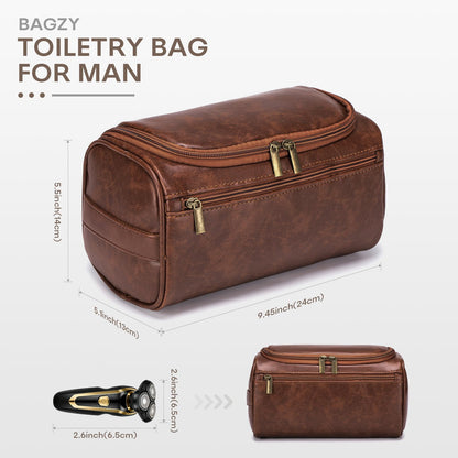 BAGZY Travel Toiletry Bag for Men, Hanging Hygiene Bag EDC Pouches Small Dopp Kit Water-resistant Mens Shaving Kit Bags PU Leather Toiletry Organizer for Travel Weekend Fitness Hospital Brown