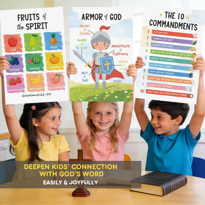 SEOIFUNG 12 PCS Kids Bible Education Posters Set (11x17") - Biblical Learning Charts for Sunday School Classroom Christian Religious Home Wall Decor, Books of the Bible, 10 Commandments & More
