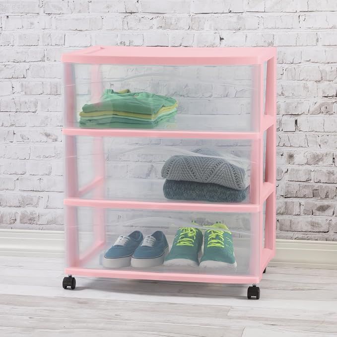 Sterilite Wide Storage Cart, 3 Clear Drawer Plastic Organizer with Wheels, Pink Frost Frame - Rolling Unit for Craft Supplies or Home Accessories