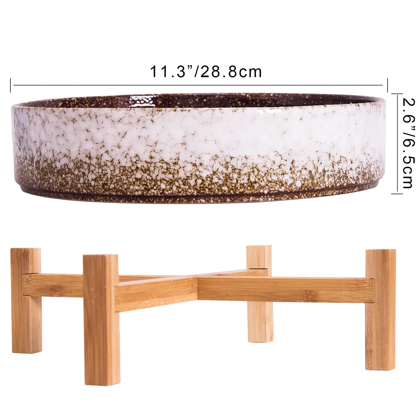 ARTKETTY Succulent Planters - 11 Inch Large Succulent Pots with Drainage, Ceramic Bonsai Pots with Bamboo Stand Shallow Planters for Indoor/Outdoor Plants Modern Cactus Flower Planter Bowl (White)
