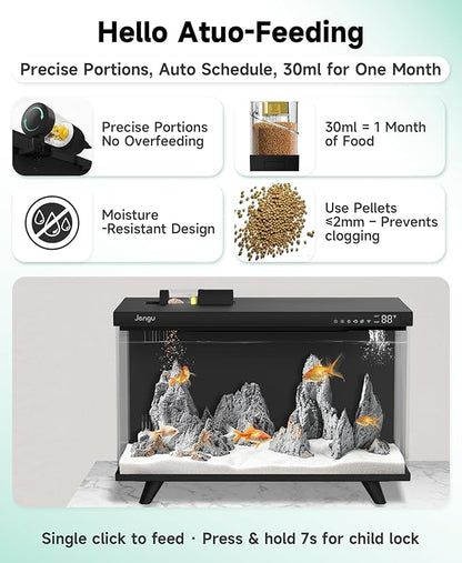M1 5 Gallon Aquarium Starter Kit, App Control Smart Fish Tank with Filter, Auto Feeder, Quiet Pump, Timer Light, Temp Display, Crystal-Clear Glass Desktop Betta Tank for Guppy Shrimp, Black
