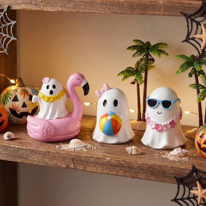 Amyhill 3 Pcs Summer Halloween Ghost Decor Set Ghost Figurines 2.8" Cute Tropical Beach Resin Statues with Flamingo Float Garland Sunglasses Mini Spooky Tiered Tray Decor for Home Office Shelf