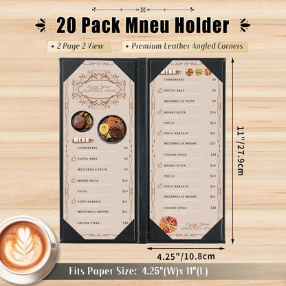 FLKQC 20 Pack Restaurant Menu Covers Holders 4.25" X 11", 2 Pack 2 View Synthetic Leather Menu Holder Covers Book Style with Angled Corners Black for Wine List, Morning Menu, Wine Menu (20, 2 Page)