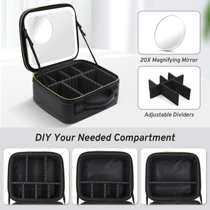 Makeup Bag with Magnetic Detachable Lighted Mirror 360° Swivel Angle, Travel Makeup Bag with Lights Portable Makeup Case Organizer with Mirror, Partition Cosmetic Bag Tools Accessories Train Case Gift