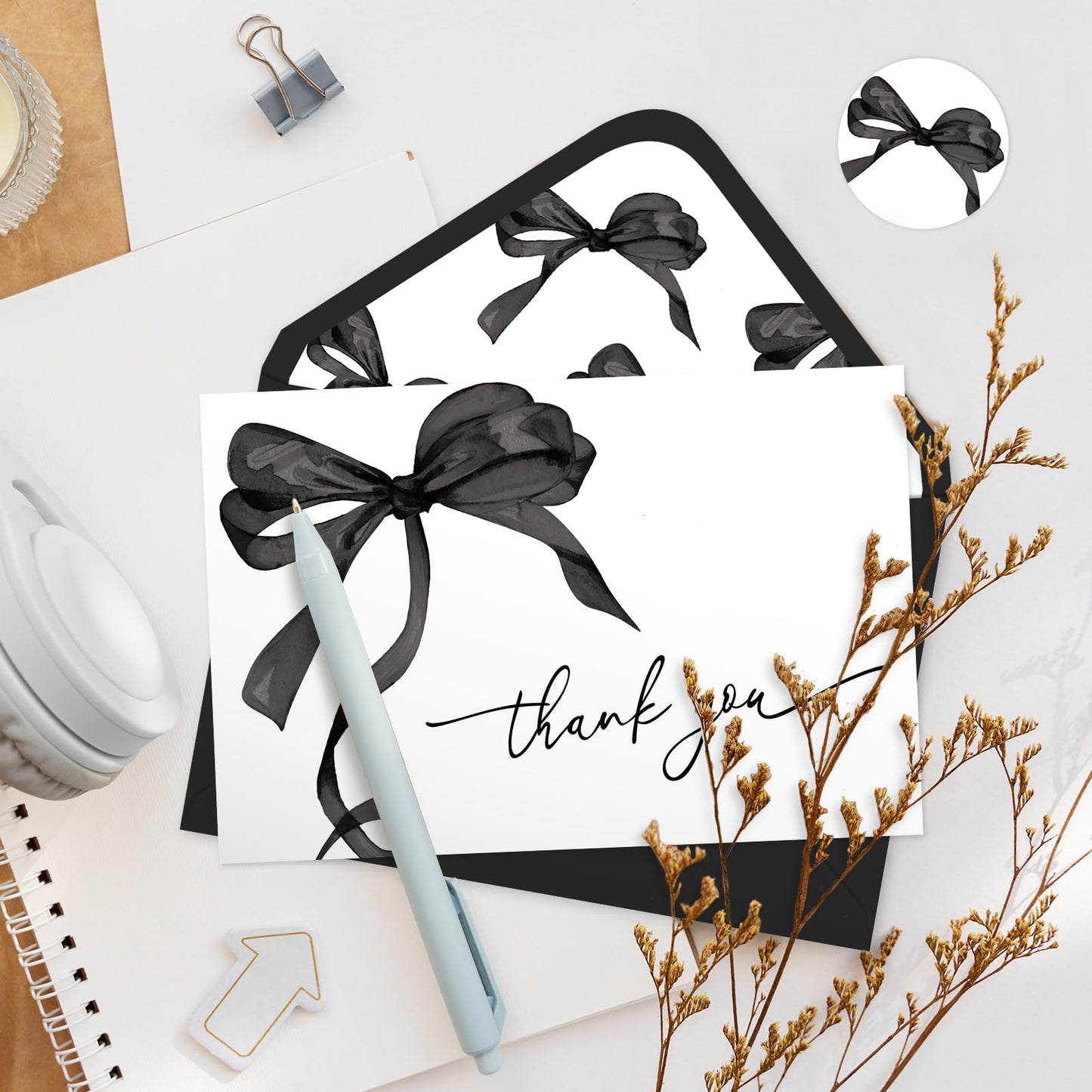 Whaline 24 Pcs Black Bow Thank You Cards with Envelopes and Stickers Watercolor Bow Greeting Cards Black Blank Note Card for Halloween Party Supplies