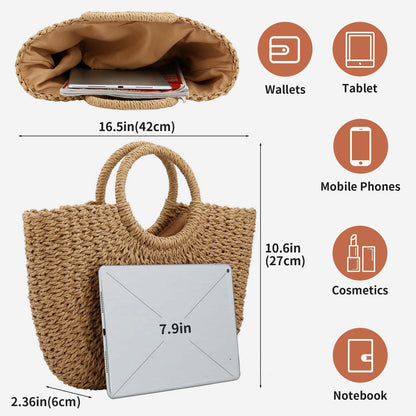 Women Summer Beach Bag, Straw Handbag Top Handle Big Capacity Travel Tote Purse Hand Woven Straw Large Hobo Bag (Brown)