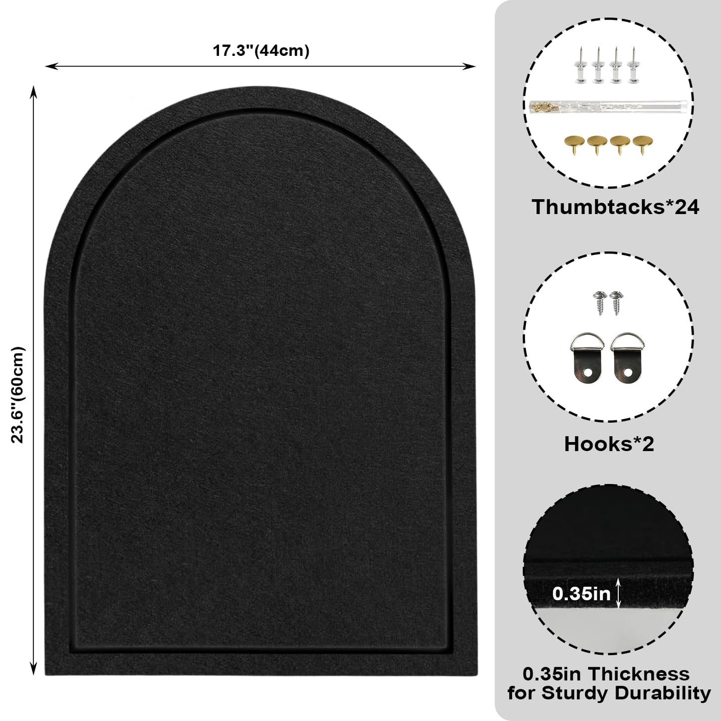 Arched Felt Bulletin Board, Sized 24" x 18" Cork Board Alternative Grooved Edge Foldable for Office & Wall, Customizable Adhesive Tiles with Pins Hooks for Photo Display School Home Office, Black
