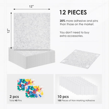 Large Cork Board for Walls 48"x36" |Cork Board Alternative| 12 Pack Felt Wall Tiles| Light Gray Bulletin Board with Removable Adhesive | Cork Boards Pinboard for Office Home Classroom，Light Gray