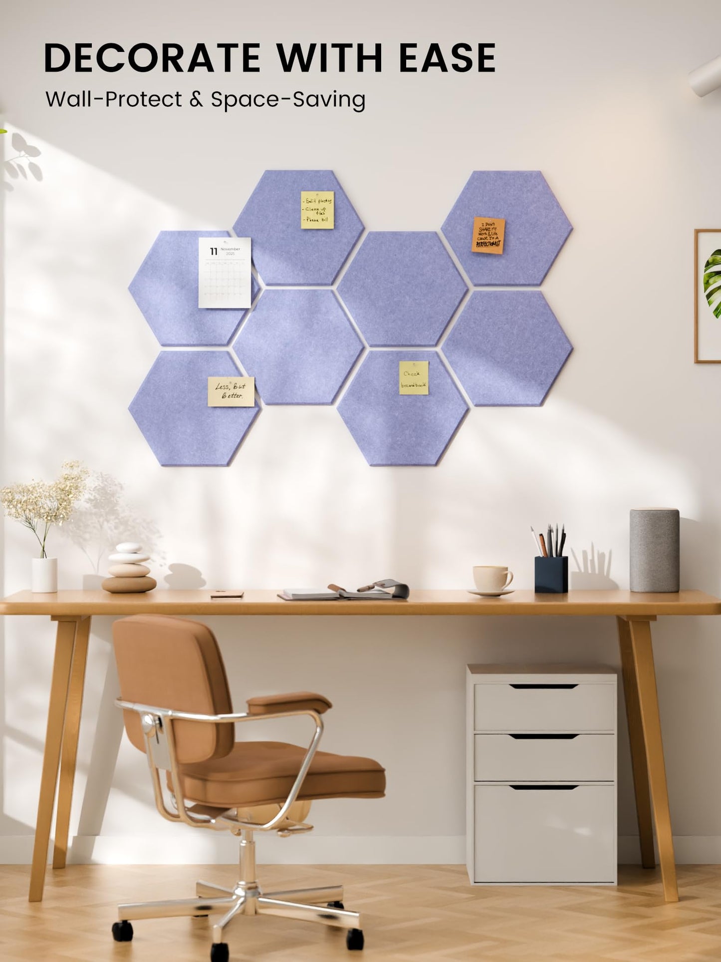 Fluxynara Hexagon Cork Board Alternative for Walls Decor-8-Pack Felt Bulletin Board Tiles,with 30 Pushpins,50 Adhesive Tabs for Office,Classrooms & Home Pin Board Felt Board-Soft Periwinkle