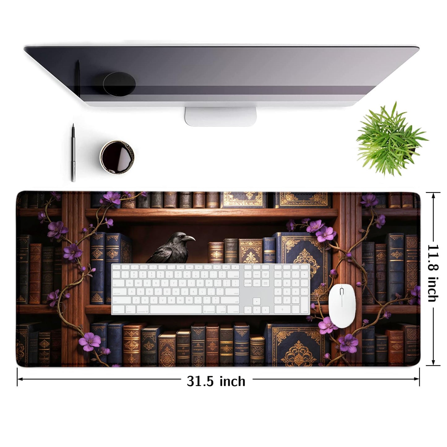 Extended Gaming Mouse Pad 31.5 x11.8 inch, Large Non-Slip Rubber Desk Mat for Gamers, Waterproof Smooth Surface for Precise Mouse Control, Washable Computer Keyboard Pad (Gothic Crow Library)