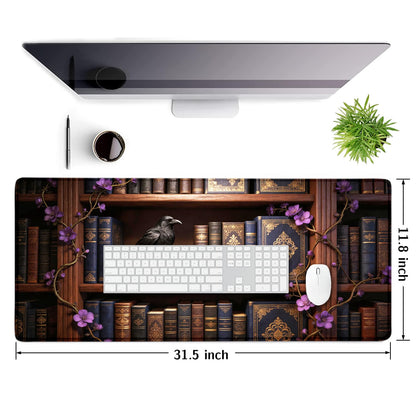 Extended Gaming Mouse Pad 31.5 x11.8 inch, Large Non-Slip Rubber Desk Mat for Gamers, Waterproof Smooth Surface for Precise Mouse Control, Washable Computer Keyboard Pad (Gothic Crow Library)
