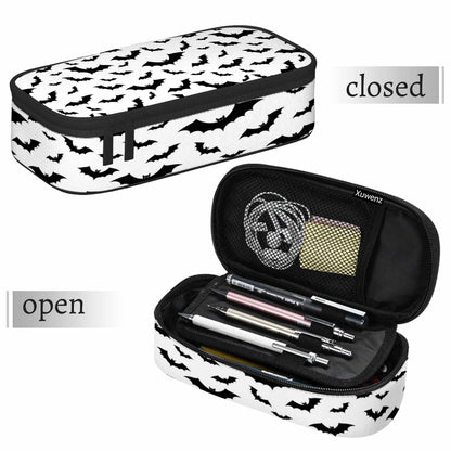 Xuwenz Black White Bats Pencil Case Halloween Bat Large Large Capacity Pen Pouch for School Student Office Adult Girl Boy