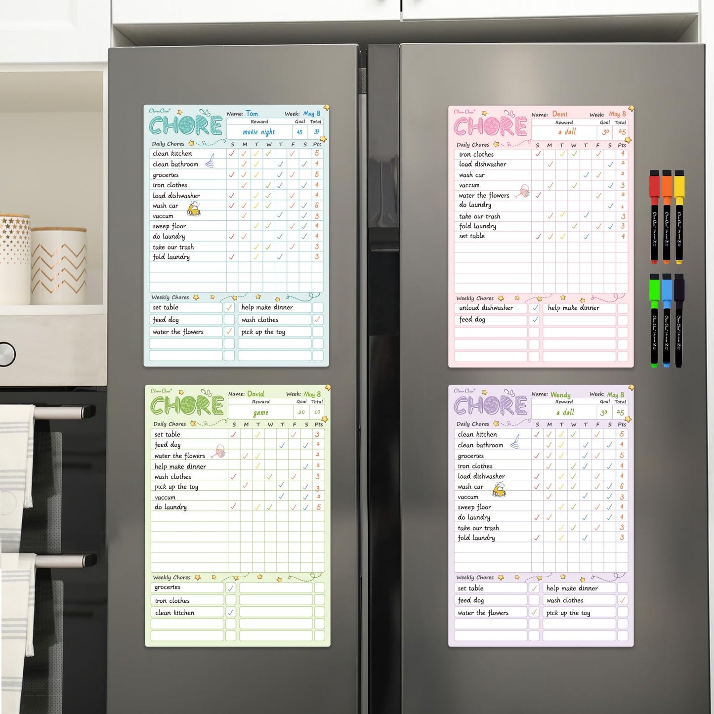 Magnetic Dry Erase Chore Chart - 8.5"x12" Behavior Responsibility Chore Board for Kids, Teenagers - 6 Extra Fine Point Markers Included - Shipped Flat 4 Pcs