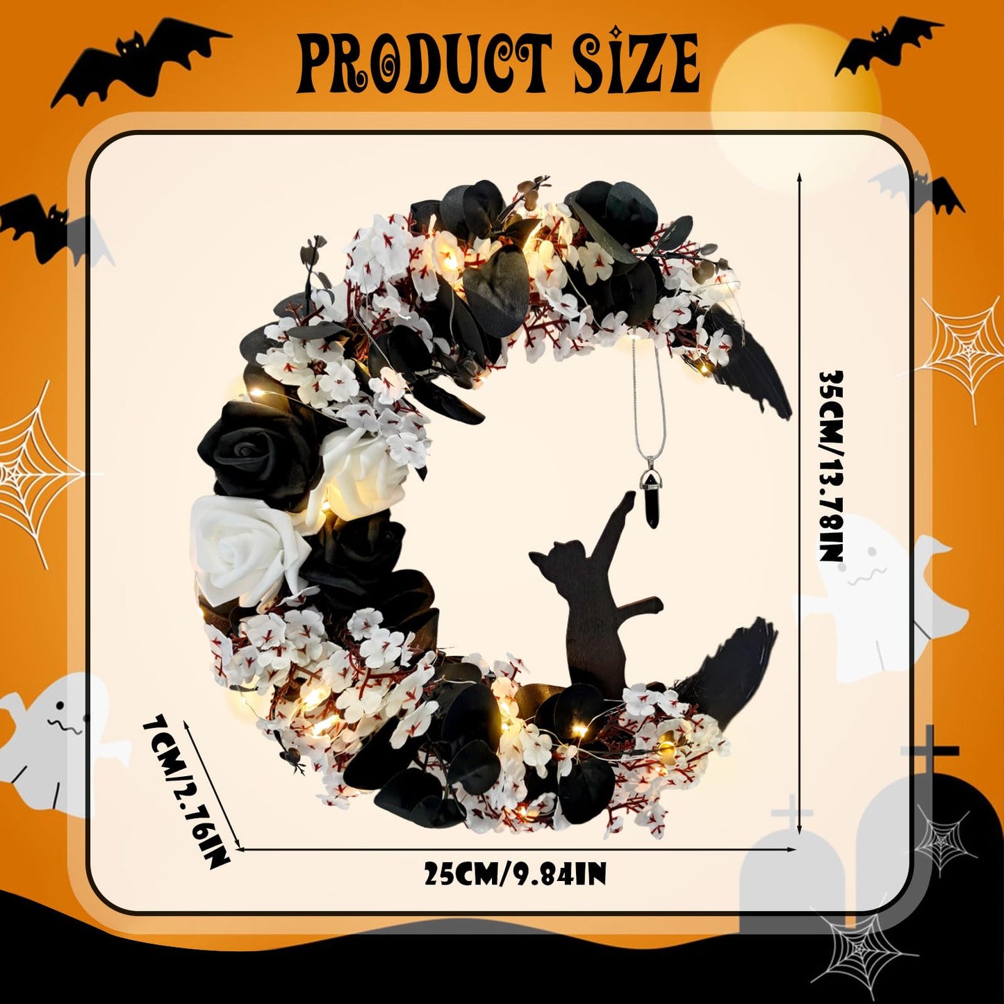 Halloween Wreath Moon Cat Black White Wreath Halloween Decor 13.7in×9.8in